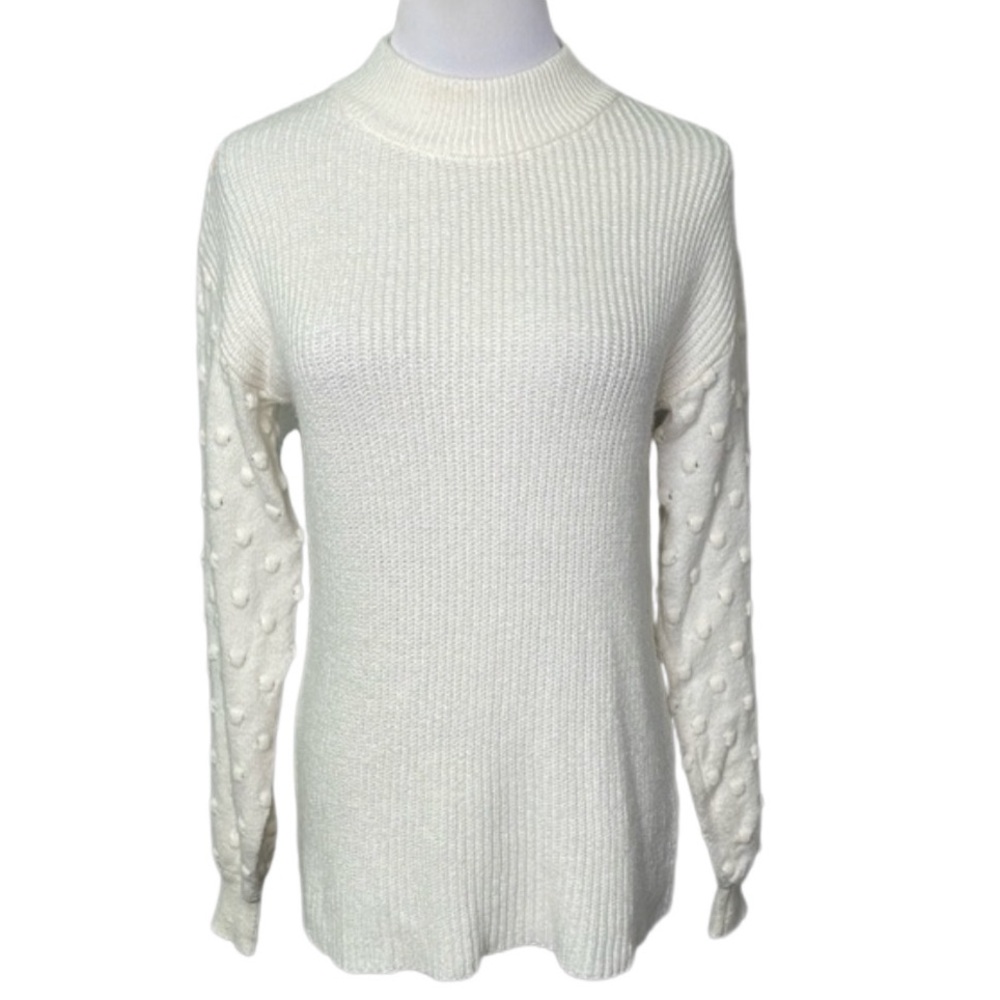 CeCe Ivory Ribbed Mock Neck Sweater with Textured Ball Knit Puff Sleeves